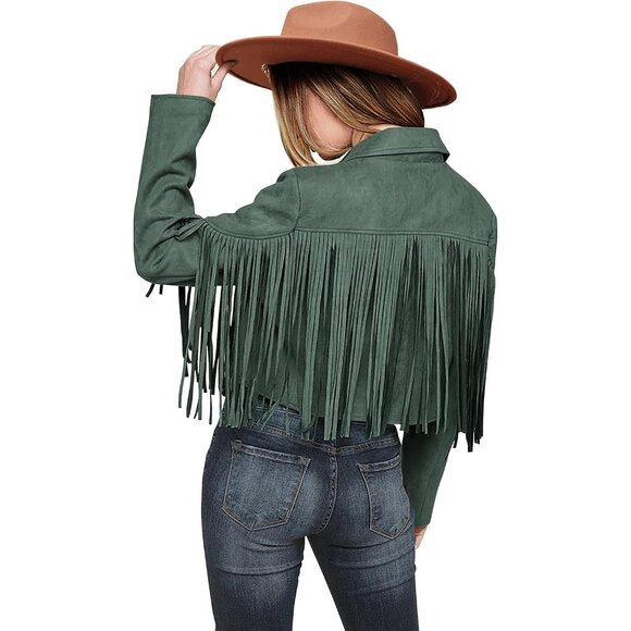 Women's Green Fringe Faux Suede Leather Tassel Motorcycle Cropped Jackets - Picture 1 of 9